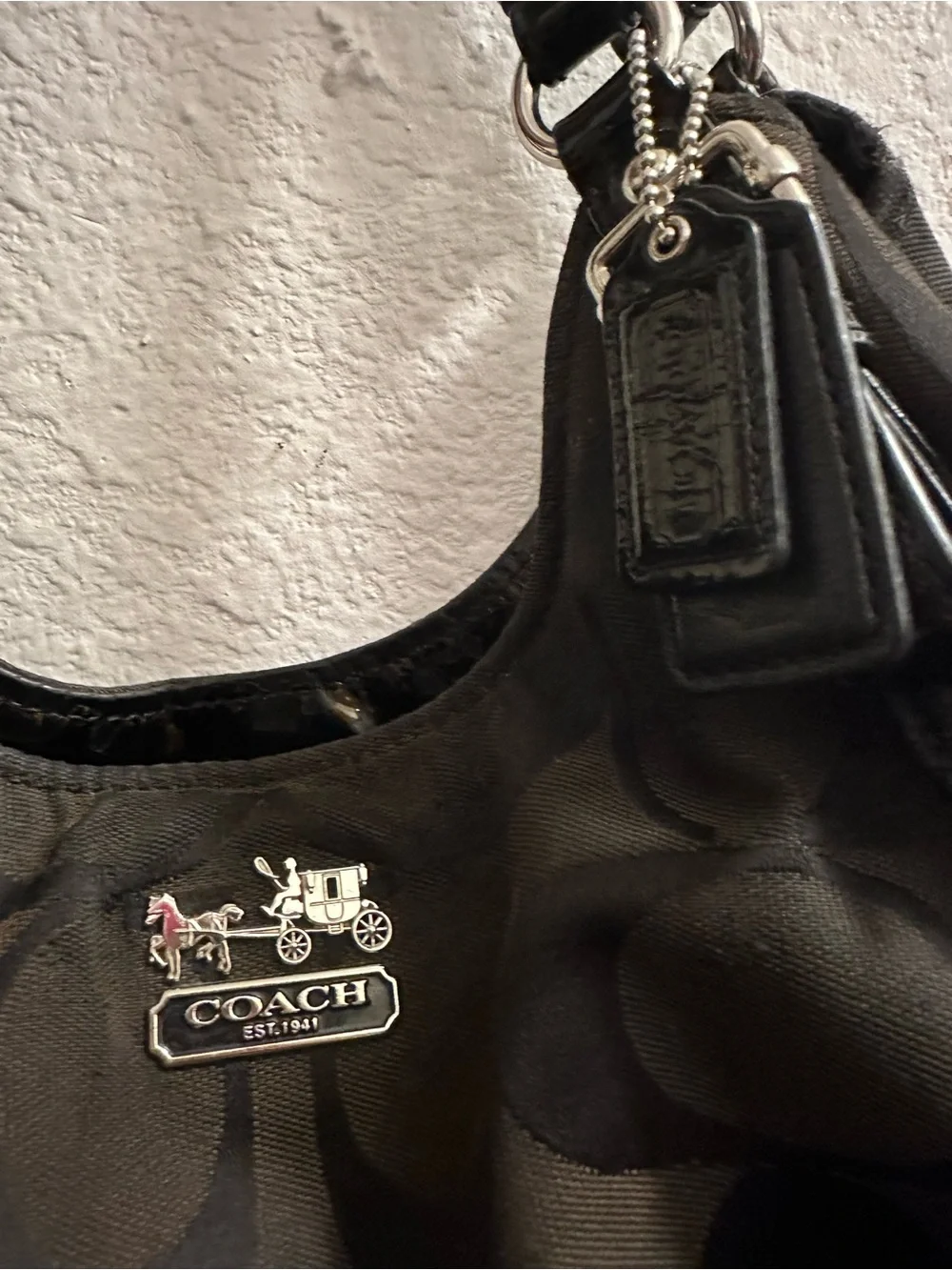 Coach Black Signature Tote with Silver Horse & Carriage Emblem